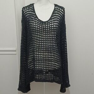 Lavish Womens Black Open Crochet Knit Long Sleeves Oversized Top Cover Up Sz Lg